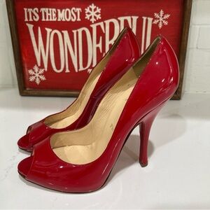 CHRISTIAN LOUBOUTIN Pumps Women Red Peep Toe Sexy 100 Patent Leather Size 39 9